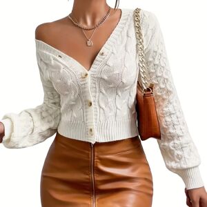 Temu Solid Button Down Cable Knit Cardigan, Casual Long Sleeve V Neck Sweater, Women's Clothing White M(6)