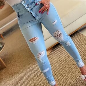 Temu Blue Ripped Holes Skinny Jeans, High Waist Single Breasted Button Slim Fit Denim Pants, Women's Denim Jeans & Clothing VibrantBlue XS(2)