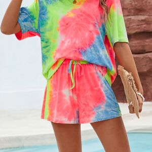 Temu Tie Dye Casual Shorts Set, Crew Neck Short Sleeve Top & Drawstring Shorts Outfits For Spring & Summer, Women's Clothing Multicolor XL(12)