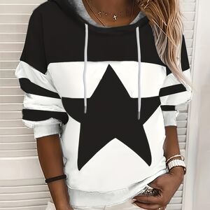 Temu Star Print Color Block Hoodie, Casual Long Sleeve Drawstring Hoodies Sweatshirt, Women's Clothing White+Navy Blue XL(12)