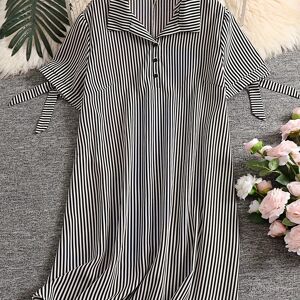 Temu Plus Size Stripe Print Loose Dress, Casual Collared Short Sleeve Dress For Spring & Summer, Women's Plus Size Clothing Black 1XL(14)