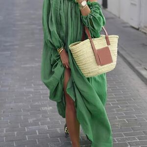 Temu Ruffle Trim One-shoulder Dress, Casual Three-quarter Sleeve Loose Dress For Spring & Summer, Women's Clothing Green M(6)