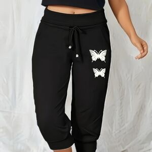 Temu Butterfly Print Cropped Pants, Casual Drawstring Waist Capris Pants, Women's Clothing Black XL(12)
