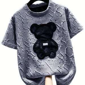 Temu Cute Bear Patched T-shirt, Casual Crew Neck Short Sleeve T-shirt For Spring & Summer, Women's Clothing Dark Grey L(8/10)