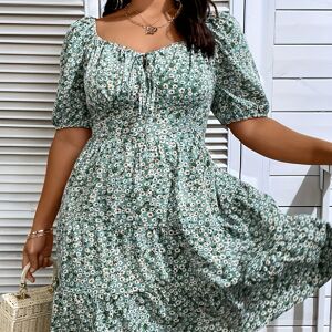 Temu Plus Size Full Floral Print Ruffle Hem Dress, Casual Short Sleeve Tie Front Dress For Spring & Summer, Women's Plus Size Clothing Green 1XL(14)