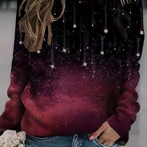 Temu Meteor Print Pullover Sweatshirt, Casual Long Sleeve Crew Neck Sweatshirt For Fall & Winter, Women's Clothing Coffee L(8/10)