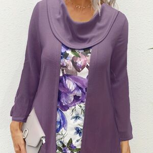 Temu Plus Size Casual T-shirt, Women's Plus Colorblock Floral Print Long Sleeve Round Neck T-shirt Purple 3XL(18)