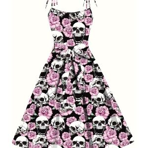 Temu Plus Size Floral & Skull Print Cami Dress, Casual Sleeveless Cinched Waist Dress For Spring & Summer, Women's Plus Size Clothing Pink 4XL(20)