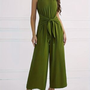 Temu V Neck Knotted Jumpsuit, Casual Wide Leg Sleeveless Jumpsuit For Spring & Summer, Women's Clothing Olive Green M(6)