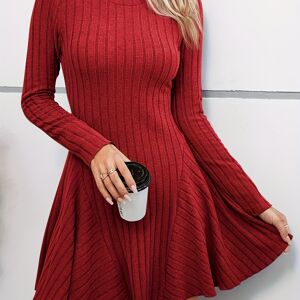 Temu Rib Knit Long Sleeve Flare Dress, Casual Crew Neck Dress For Spring & Summer, Women's Clothing Dark Brown L(8/10)