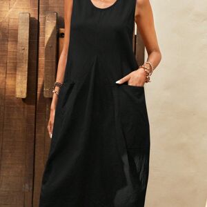 Temu Solid Color Dual Pockets Sleeveless Dress, Casual Loose Crew Neck Tank Dress For Spring & Summer, Women's Clothing Black L(8/10)