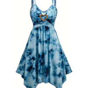 Temu Tie Dye Sweetheart Neck Dress, Casual Backless Sleeveless Heart Decor A-line Dress For Spring & Summer, Women's Clothing Peacock Blue M(6)