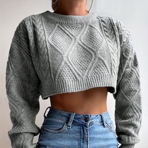 Temu Twist Pattern Crew Neck Sweater, Casual Long Sleeve Crop Sweater For Spring & Fall, Women's Clothing Coffee L(8/10)