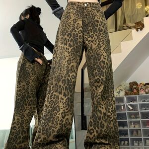 Temu Leopard Print Chic Baggy Jeans, Loose Fit Non-stretch Wide Legs Jeans, Women's Denim Jeans & Clothing Mixed Color XS(2)
