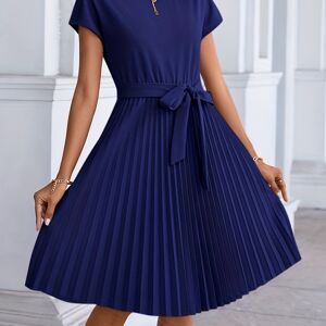 Temu Pleated Tie Front Dress, Casual Solid Short Sleeve Dress For Spring & Summer, Women's Clothing Burgundy XS(2)