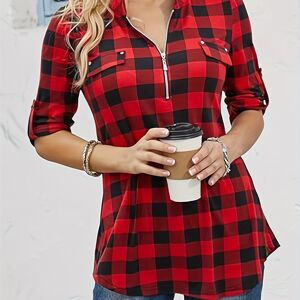 Temu Plaid Print Half Zip Blouse, Casual Rollable Long Sleeve Blouse, Women's Clothing Red L(8/10)