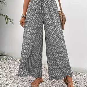 Temu Allover Print Wide Leg Petal Pants, Casual Loose Pants For Spring & Summer, Women's Clothing White XXL(14)