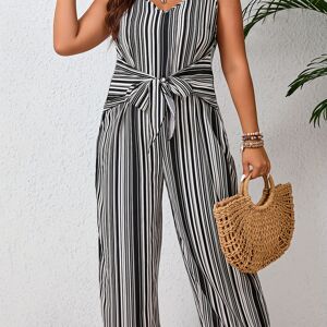 Temu Plus Size Striped V-neck Jumpsuit, Casual Sleeveless Tie Waist Jumpsuit For Spring & Summer, Women's Plus Size Clothing Black 2XL(16)