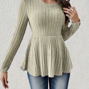 Temu Ribbed Knit Crew Neck Flare T-shirt, Casual Long Sleeve T-shirt For Spring & Fall, Women's Clothing Black XL(12)