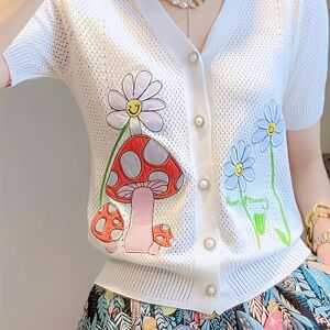 Temu Floral & Mushroom Pattern V Neck Cardigan, Casual Beaded Button Short Sleeve Sweater For Spring & Summer, Women's Clothing White S(4)