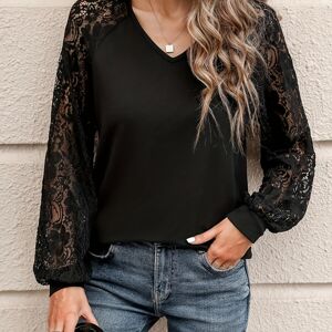 Temu Contrast Lace V Neck T-shirt, Elegant Long Sleeve Top For Spring & Fall, Women's Clothing Black S(4)