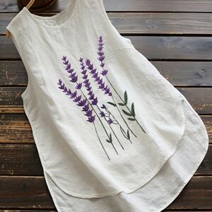 Temu Plus Size Lavender Pattern Embroidered Tank Top, Casual Crew Neck Curved Hem Sleeveless Top For Summer, Women's Plus Size Clothing White 2XL(16)