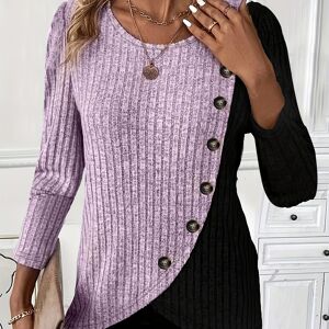 Temu Ribbed Color Block Button Decor T-shirt, Casual Long Sleeve Top For Spring & Fall, Women's Clothing Pink XXL(14)