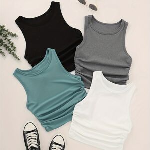 Temu Solid Color Tank Top 4 Pack, Casual Ruched Sleeveless Summer Top, Women's Clothing Mixed Color L(8/10)