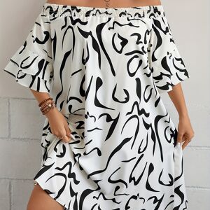 Temu Plus Size Casual Summer Dress, Women's Plus Graffiti Print Off Shoulder Layered Bell Sleeve Dress Mixed Color 1XL(14)