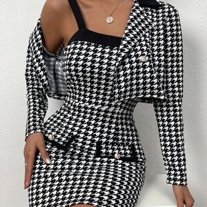 Temu Y2k Houndstooth Print Two-piece Set, Long Sleeve Lapel Open Front Coat & Slim Button Decor Sleeveless Cami Dress Outfits, Women's Clothing Mixed Color L(8/10)