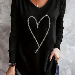 Temu Rhinestone Heart Pattern V Neck T-shirt, Casual Long Sleeve T-shirt For Spring & Fall, Women's Clothing Black XXL(14)