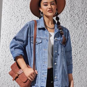 Temu Plus Size Retro Denim Jacket, Women's Plus Long Sleeve Button Up Turn Down Collar Slim Denim Coat With Flap Pockets Blue 3XL(18)