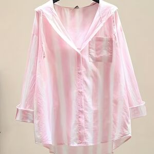 Temu Striped Hooded Shirt, Casual Button Front Long Sleeve Shirt, Women's Clothing Pink L(8/10)