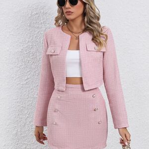 Temu Elegant Solid Two-piece Set, Open Front Long Sleeve Cardigan & Bag Hip Skirts Outfits, Women's Clothing Lotus Pink M(6)