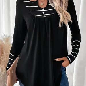 Temu Striped Print Button Front T-shirt, Casual Notched Neck Long Sleeve Top For Spring & Fall, Women's Clothing Black XL(12)