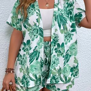 Temu Plus Size Vacay Outfits 2 Piece Set, Women's Plus Floral Print Short Sleeve Shirt & Drawstring Shorts 2 Piece Set Pink Color 3XL(18)