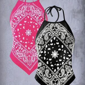 Temu Paisley Print Backless Halter Top 2 Packs, Boho Sleeveless Hanky Hem Halter Neck Top For Summer, Women's Clothing Black+Rose Red M(6)