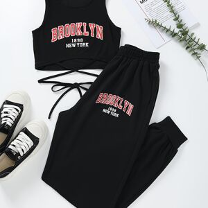 Temu Brooklyn Print Summer Casual Two-piece Set, Lace Up Crew Neck Tank Top & Pants Outfits, Women's Clothing Black S(4)