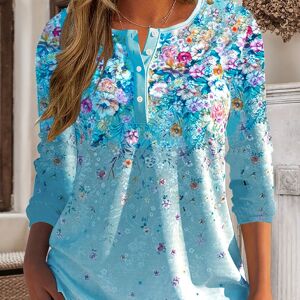 Temu Plus Size Casual T-shirt, Women's Plus Floral Print Long Sleeve Round Neck Slight Stretch Henley T-shirt Light Blue 3XL(18)