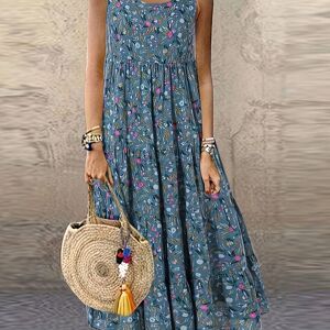 Temu Floral Print Crew Neck Tank Dress, Elegant Sleeveless Ruffle Hem Maxi Dress For Spring & Summer, Women's Clothing Blue L(8/10)