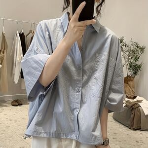 Temu Button Front Half Sleeve Blouse, Casual Loose Pocket Blouse For Spring & Summer, Women's Clothing Blue M(6)