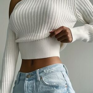 Temu Ribbed Asymmetrical Neck Knit Crop Sweater, Sexy Cold Shoulder Long Sleeve Pullover Sweater, Women's Clothing Beige XS(2)