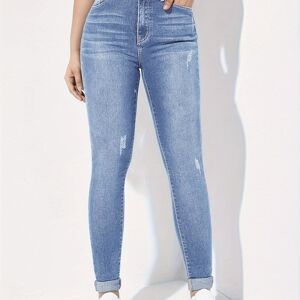 Temu Roll Up Ripped Holes Skinny Jeans, High Rise Versatile Casual Denim Pants, Women's Denim Jeans & Clothing Light Blue XS(2)