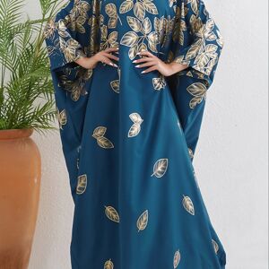 Temu Ramadan Leaf Print Crew Neck Kaftan, Elegant Batwing Sleeve Maxi Dress, Women's Clothing Sea Blue one-size