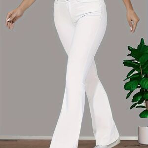 Temu Solid Color Casual Bootcut Jeans, High Stretch Slant Pockets Denim Pants, Women's Denim Jeans & Clothing White M(6)