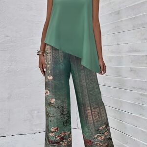Temu Casual Slim Two-piece Pants Set, Solid Sleeveless Crew Neck Tank Top & Skinny Floral Print Loose Pants Outfits, Women's Clothing Ocean Green XL(12)