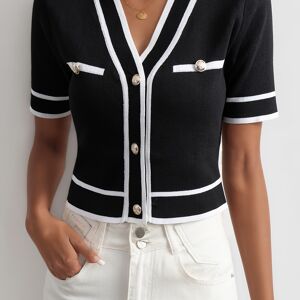 Temu Contrast Trim Button Front Knit Cardigan, Elegant V Neck Short Sleeve Crop Top For Spring & Summer, Women's Clothing Black XL(12)