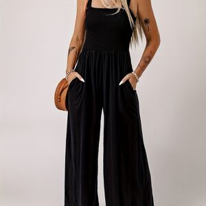 Temu Solid Color Wide Leg Jumpsuit, Elegant Slant Pockets Sleeveless Shirred Jumpsuit For Summer, Women's Clothing Black M(6)