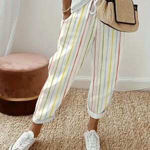 Temu Slant Pockets Striped Print Pants, Casual Loose Capris Pants For Spring & Summer, Women's Clothing Apricot M(6)