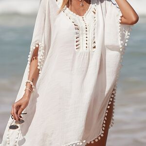 Temu Bohemian Style Crochet Batwing Sleeve Side Split Solid Loose Fit Long Sheer Cover Up, Sexy Beach Sun Protection Tunic White one-size